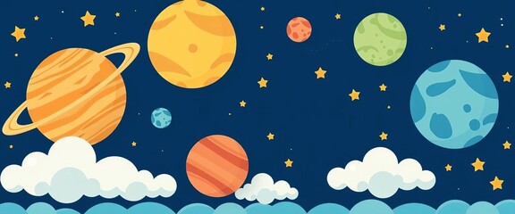 Fototapeta premium Whimsical flat-style planets & moons, vibrant colors, cheerful clouds & stars on blue , galaxy, solar system