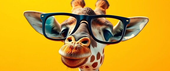 Whimsical giraffe in oversized glasses playfully poses against a sunny yellow background,  design,  vibrant