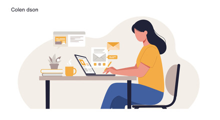 Woman Working on Laptop with Coffee and Plant in Bright Modern Illustration.
