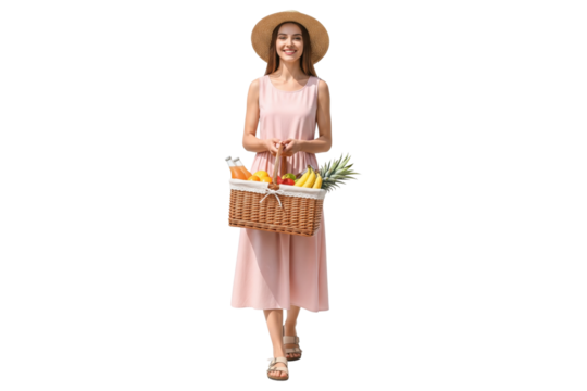 Happy woman in a pink dress and straw hat walking with a picnic basket