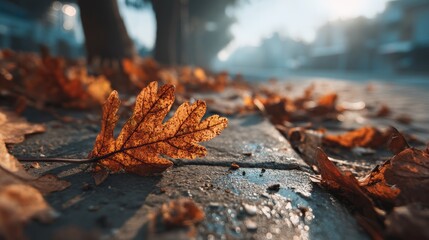 Autumn leaves scattered on a sunlit sidewalk with a blurred urban background, capturing the essence of fall in a peaceful city setting.