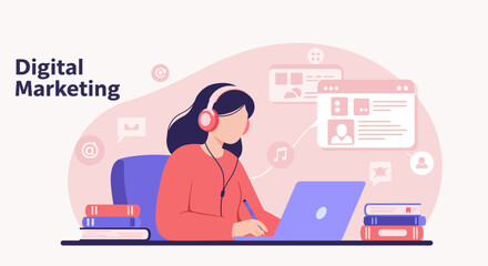 Digital Marketing Illustration: Woman with Headphones Working on Laptop with Social Media Icons.