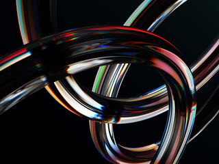 Abstract black 3d background wallpaper with liquid glass chromatic wave lines render. Fluid flow curve shape with rainbow caustic effect, neon light hologram gradient. Digital tech bg. 3D illustration