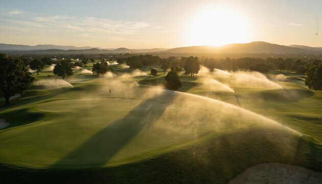 Vibrant green golf course with clear blue sky. Majestic mountain in background, person walking towards right side. Warm glow of setting sun highlights rich vegetation, golf course. - Powered by Adobe