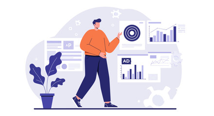 Modern Marketing Concept: Man Analyzing Data Charts and Graphs.