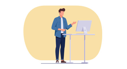 Man Presenting at Standing Desk with Computer in Modern Office Illustration.