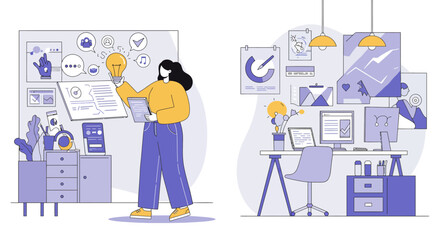 Creative Woman with Idea Bulb in Modern Office Space Illustration.
