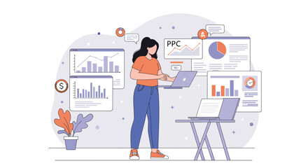 Digital Marketing Analyst Analyzing PPC Data on Laptop Flat Illustration Style.