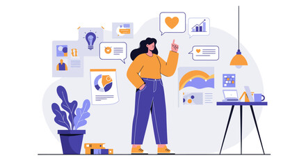 Creative Woman Presenting Ideas with Thought Bubbles and Office Elements.