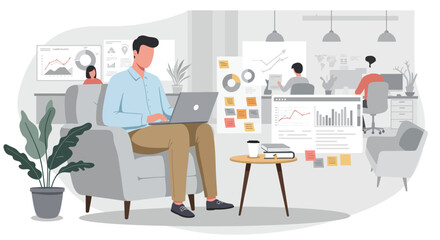 Modern Office Illustration: Man Working on Laptop Amidst Data Charts and Colleagues.