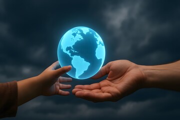 Child and adult hands holding glowing blue Earth globe, symbol of global care, environment protection, future generation, climate awareness and sustainability