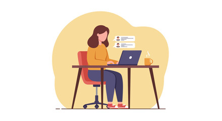 Woman Working on Laptop with Chat Bubbles Coffee and Desk.