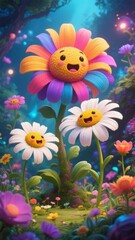 Obraz premium Colorful, animated flowers with cheerful faces in a vibrant garden setting