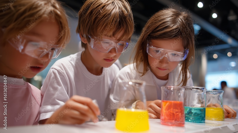 Poster children engage in science experiments with colorful liquids at educational workshop in a bright cla