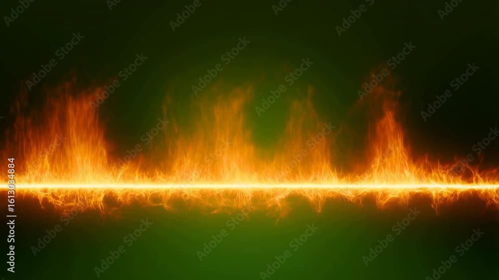 Poster fiery line burns across dark green background, releasing bright flames and energy sparks in horizont