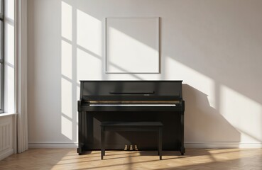 Black piano positioned centrally on wooden floor with wooden bench behind. White curtain hangs in background. Balanced, harmonious composition with piano, bench, curtain, floor elements arranged
