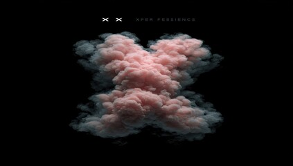 Pinkish-grey cloud shaped like an X on a stark black background, creating a dramatic and abstract visual. Grey wisps enhance the cloud's texture and depth
