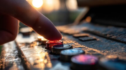Finger presses a button on an old control panel.