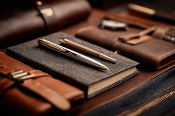 Elegant leather desk set featuring journal, pens, wallet, and accessories
