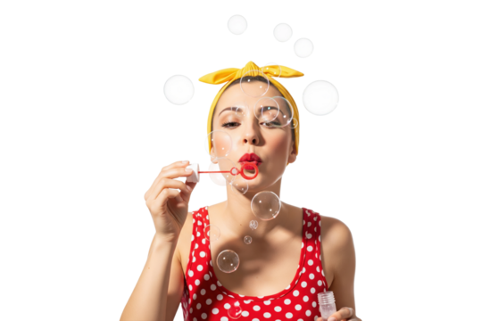 Woman in a polka-dot top blowing bubbles with a yellow headband