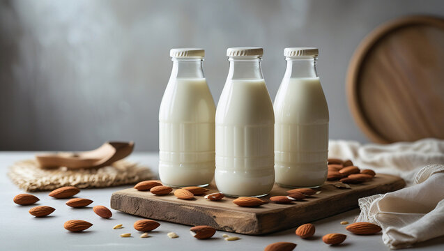 Almond milk in clear plastic bottles with neutral fabric and props, ideal for organic beverage marketing, food catalogs, and product templates.