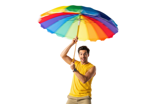 Surprised man holding a spinning colorful rainbow umbrella