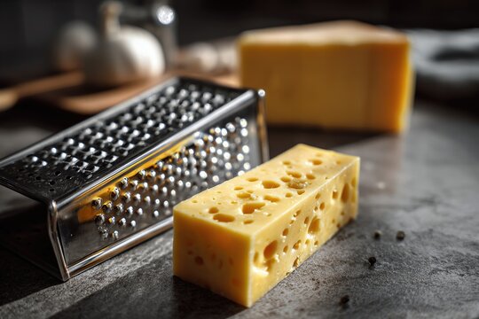 Cheese still life features blocks of Swiss, cheddar, grater, garlic on countertop - Powered by Adobe