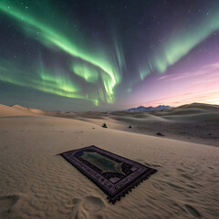 prayer mat floating in desert under aurora sky