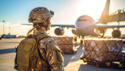 Soldier observes cargo plane at airport during sunrise with military travel.