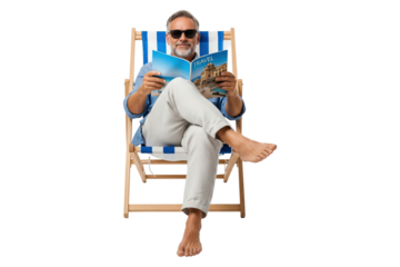 Smiling man in sunglasses reading a travel magazine in a beach chair