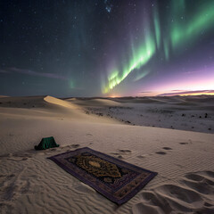 prayer mat floating in desert under aurora sky