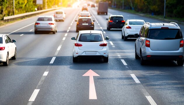 Highway traffic jam with cars moving slowly in the same direction, guided by a pink arrow on asphalt - Powered by Adobe