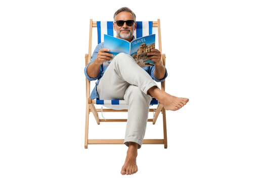 Smiling man in sunglasses reading a travel magazine in a beach chair