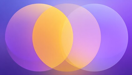 Soft, blurry design featuring three overlapping circles golden yellow, light purple, and darker purple, all on a gradient purple background. Light shines through the circles