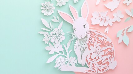 Dreamy paper-cut bunnies paired with delicate florals in soft pink and mint green tones create a warm nursery wall art style.
