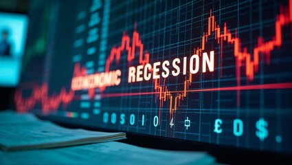 Economic recession concept with stock market charts and text