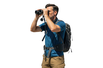 Man with backpack and binoculars looking intently into the distance