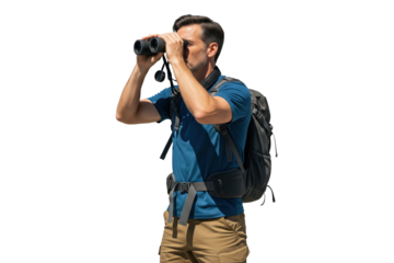 Man with backpack and binoculars looking intently into the distance