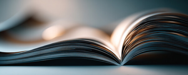 Open book displaying pages with a focus on the edge against a softly lit background