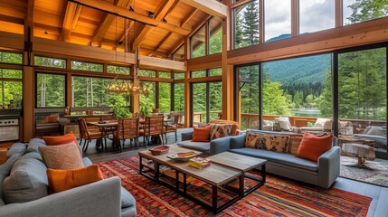 Cozy, spacious lodge interior with large windows framing a scenic mountain lake view. Wooden beams and furniture