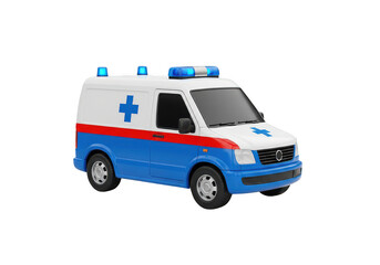 Modern emergency medical services ambulance vehicle with blue lights and medical cross symbol isolated on transparent background