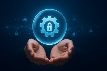 Hands holding glowing gear icon with lock symbol showing data security settings privacy protection and cyber technology concept