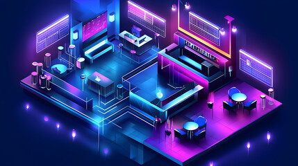 Isometric Nightclub Design with Neon Lighting