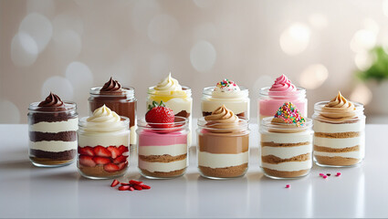 Assorted layered cake jars with chocolate, vanilla, strawberry, and sprinkles, perfect for bakery branding, product display, and dessert packaging mockups.