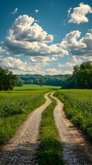 A gravel road winds through verdant cornfields under a bright, fluffy sky, leading to a tranquil forest.