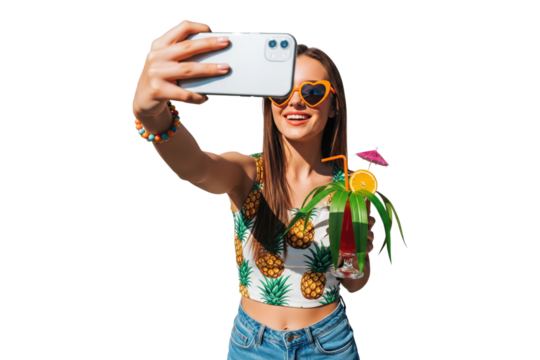 Happy woman in heart sunglasses taking a selfie with a tropical cocktail