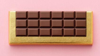 Obraz premium Rectangular milk chocolate bar, divided into 16 sections, resting on a shimmering gold-colored wrapper against a soft pink background. Top-down perspective
