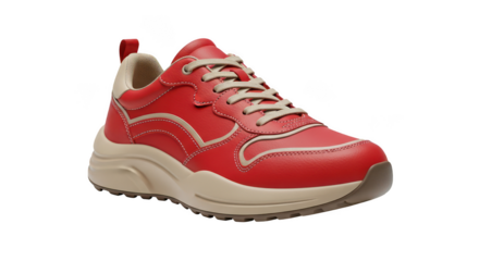 Vibrant red leather fashion sneaker with beige laces and chunky sole showcasing modern athletic design isolated on transparent background
