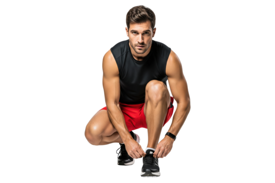 Focused man in athletic wear tying his shoelaces before a workout