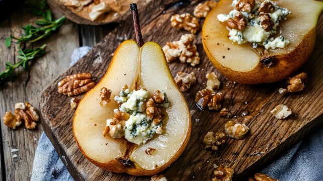 Baked pear with Dorblu cheese and nuts. Selective focus. food. 